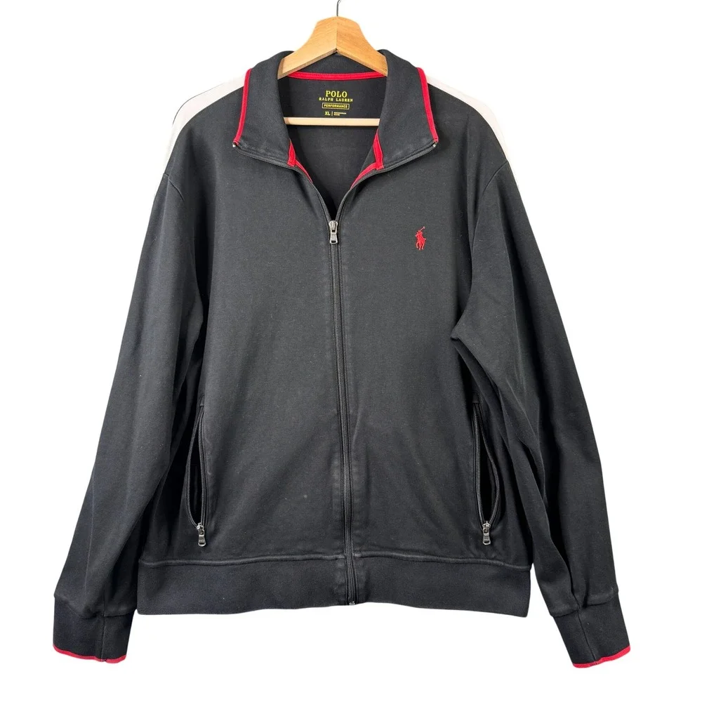 Polo Ralph Lauren Performance Mens Size XL Black Full Zip Track Jacket Red Trim‎